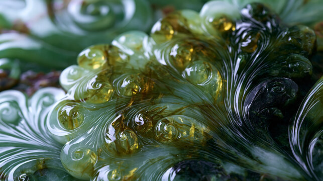 Nephrite jade carved relief panel surface macro, translucent fibrous actinolite tremolite mineral aggregate catching transmitted light through shallow relief figuring, Chinese lapidary artisan stone