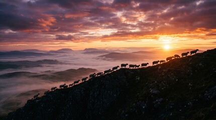 Obraz premium Mountain herd climbing towards a golden sunrise