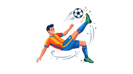 Fototapeta premium A dynamic illustration shows a male soccer player executing a bicycle kick with a soccer ball in mid-air against a stylized white background.