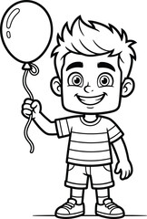 Fototapeta premium A cheerful young boy with a happy expression standing and holding a single round balloon for a coloring activity.