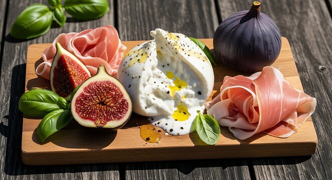 classic Italian antipasto board on a dark weathered oak table under bright, direct sun, Prosciutto di Parma and Creamy Burrata, Tear of fresh burrata cheese showing stracciatella texture, delicate fol