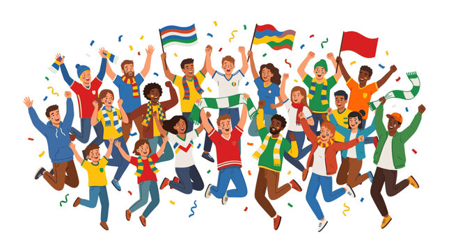 A large group of diverse people of all ages and ethnicities joyfully jumping and celebrating with flags and confetti falling.