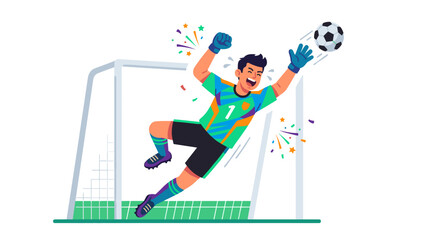 Fototapeta premium A young athlete, a male goalkeeper in a teal and green jersey, leaps to catch a soccer ball with great enthusiasm near a goalpost.