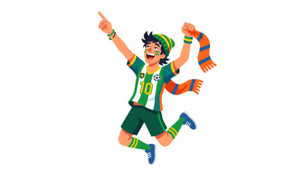 Obraz premium An excited young man in a green and white soccer uniform leaps in the air, wearing a striped scarf and pointing upwards in a gesture of triumph.