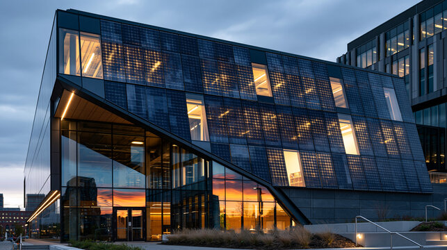 Photovoltaic integrated cladding panel system mounted flush across south-facing facade, monocrystalline silicon cell array embedded within spandrel glass units, industrial building skin generating r