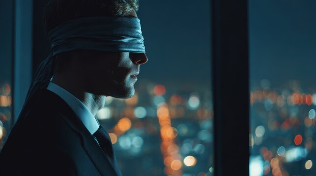 Man wearing blindfold in suit overlooking cityscape at night conceptual vision