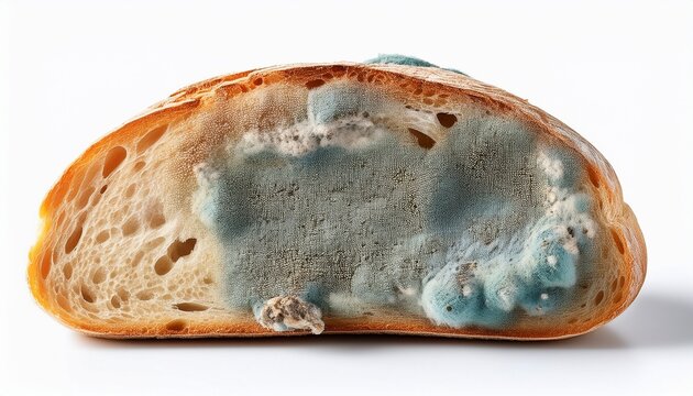 bread with early mold isolated on white for food contamination concept