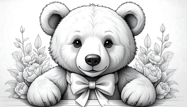 A cute teddy bear with a bow tie surrounded by flowers