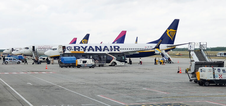 Budapest, Hungary - May 5, 2026: Airport 2B terminal at Liszt Ferenc International Airport in Budapest. Aircraft line A Ryanair Boeing 737 undergoing servicing at the airport