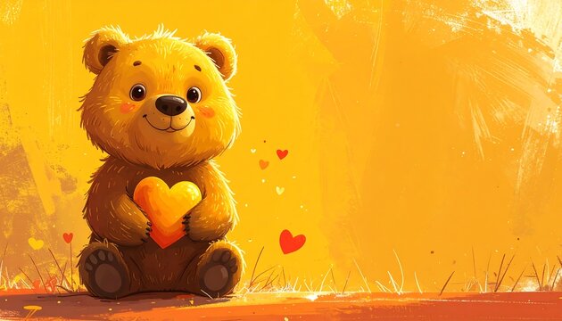 A cute teddy bear holding a heart in a sunny yellow background