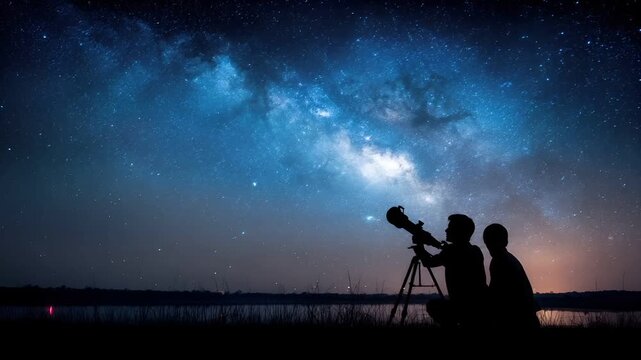 Space universe exploration, fantasy, mysterious. A nighttime sky photograph captures two silhouetted individuals observing the Milky Way galaxy. The Milky Way is a tapestry of blue and purple hues.