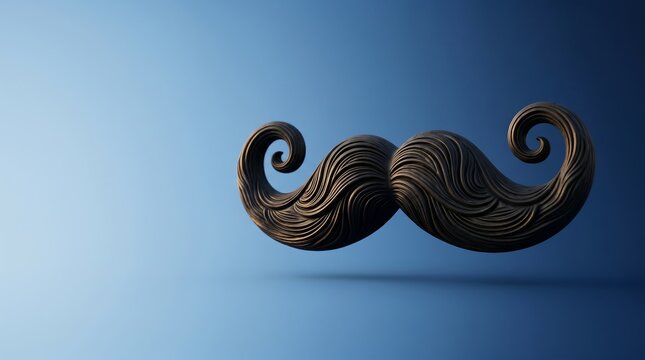 Luxurious bronze mustache sculpture on blue gradient background for sophisticated advertising