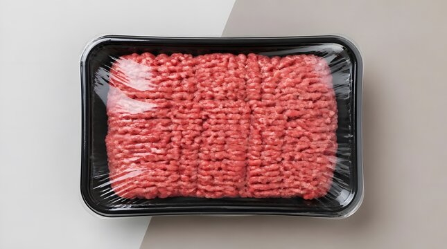Raw minced beef, ground meat and tray on kitchen table for cooking, grocery shopping and meal preparation. Fresh food, butchery and protein with packaging, dinner ingredients and supermarket diet