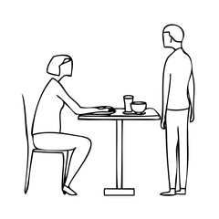 Fototapeta premium Woman Serving Coffee to Standing Man in Minimalist Line Art Style