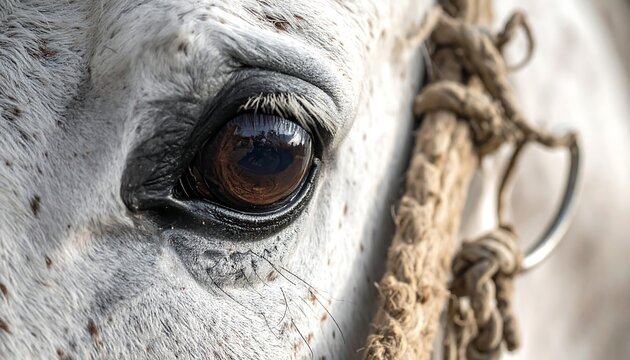 Detailed close-up of a white horse's brown eye with a rope halter and mottled skin
