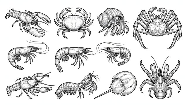 Sea Crustaceans Crabs and Shrimp Collection Hand Drawn Vector Illustration Set Isolated on White Background