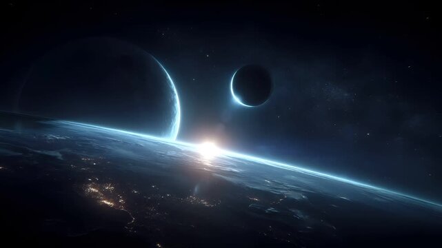 Space universe exploration, fantasy, mysterious. A vivid, highresolution digital artwork depicts a celestial scene from space. The main subject is the Earth.