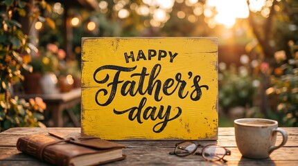 Happy Fathers Day outdoor scene with wooden sign coffee and book
