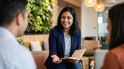 Obraz premium Modern Corporate Collaboration: Indian Businesswoman with Notebook Mentoring Team in Eco-Friendly Office Breakout Zone