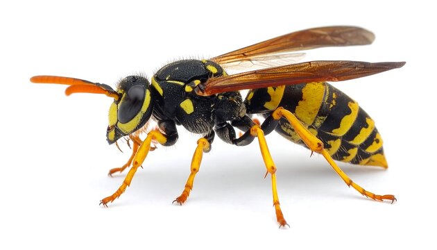 Detailed close-up of a yellowjacket wasp against a bright, white backdrop in a studio shot