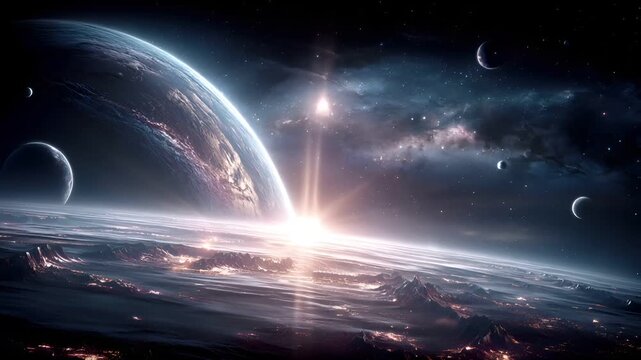 Space universe exploration, fantasy, mysterious. A vivid, fantastical depiction of a celestial landscape. The main subject is a large, detailed planet with a radiant glow emanating from its surface.