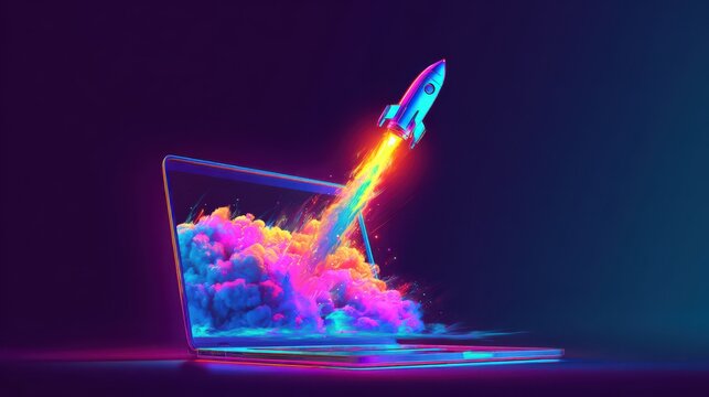 Neon pixel art rocket launching from a laptop screen