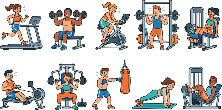 Gym workout character set, cartoon people training with fitness equipment vector illustration
