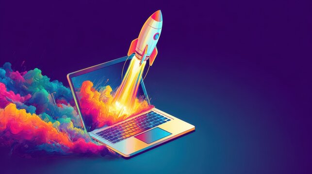 Pixel art rocket launching from a laptop screen
