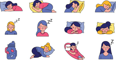 Fototapeta premium Sleeping People and Bedtime Routine Vector Set Isolated on White Background