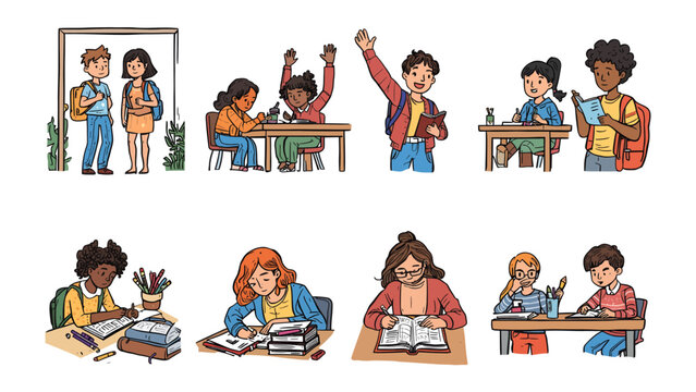 School Days: A lively montage depicts students engaged in various classroom activities, from attentive listening and eager participation to diligent study and creative learning.