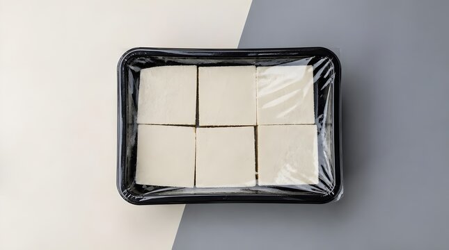 Tofu, soy protein and food packaging in plastic tray on background for grocery shopping, meal prep and cooking. Healthy eating, vegan product and ingredient in store for supermarket marketing campaig