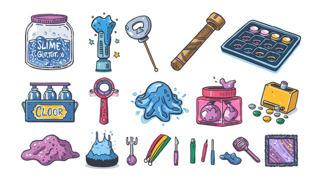Creative Slime Making Kit: A colorful collection of supplies for making DIY slime, including jars, tools, and glitter, perfect for a fun crafting activity.