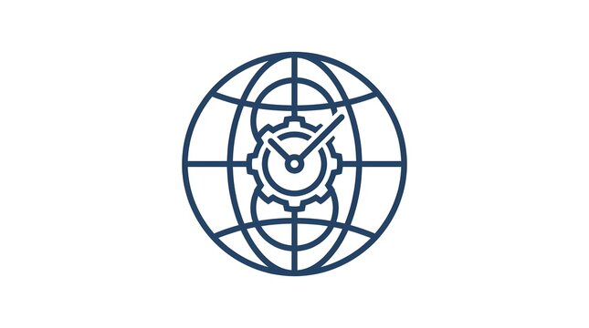 Abstract geometric globe icon with a clock and gear symbol representing global time zones, international business hours, and worldwide logistics isolated on white background