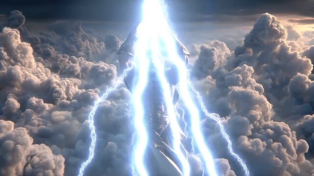 Greek mythology god Zeus. Fantasy. A vivid portrayal of a mythical figure, likely a deity or deity, set against a backdrop of fluffy white clouds. The figure has a long.