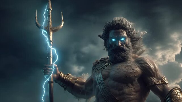 Greek mythology god Zeus. Fantasy. A dramatic portrayal of a muscular, bearded warrior, set against a stormy sky. The warrior wields a trident with a striking blue lightning bolt. He wears ornate.