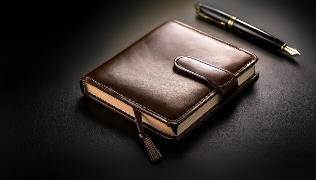 elegant leather journal with classic pen symbolizes organization and reflection