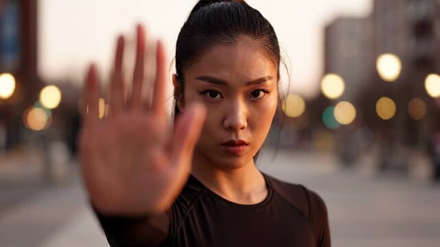 Young woman showing stop gesture with hand in urban setting