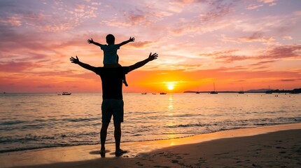 Fototapeta premium Silhouette of happy father and child on beach at sunset