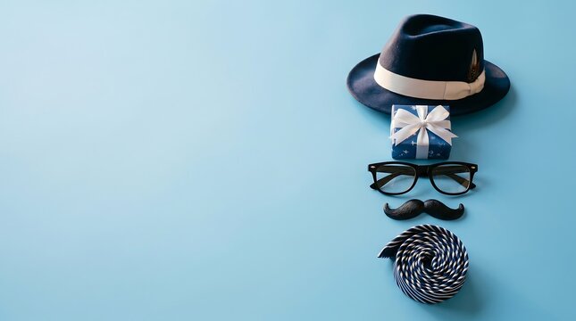 Father's Day gifts and accessories on blue background