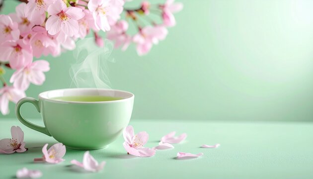 A steaming cup of green tea surrounded by cherry blossom petals, elegant aesthetic background, gentle pastel tones
