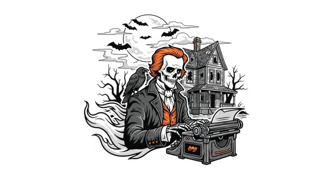Man with orange hair typing on typewriter.