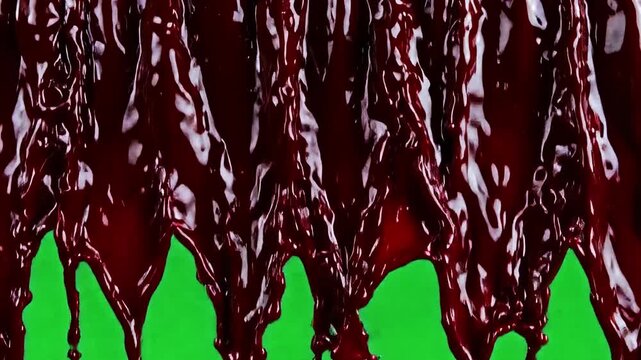 Dark red blood drips down on green screen, forming a horror gore overlay for Halloween, crime, thriller, injury, monster, and VFX compositing.