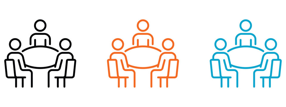 Set of three business meeting icons featuring people sitting around a table in linear style.