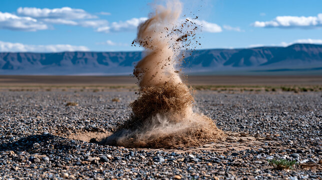 Dust devil spiral column crossing a flat desert gravel reg, translucent vortex lifting sand and dried vegetation debris into a coherent rotating pillar, bedrock pavement visible at base of vortex, a