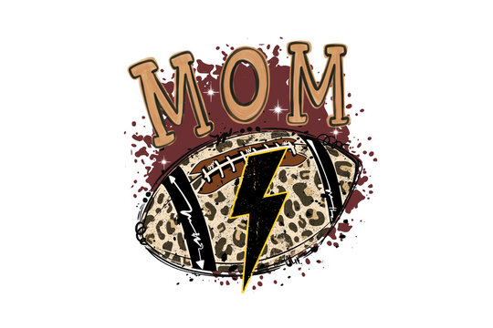 Mom football graphic with leopard print, lightning bolt, and grunge splatter Sublimation Design