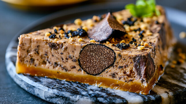 Foie gras terrine slice resting on chilled marble slab, smooth forcemeat surface interrupted by embedded truffle medallion, duck liver p&acirc;t&eacute; French gastronomy fine dining charcuterie preparation, ren
