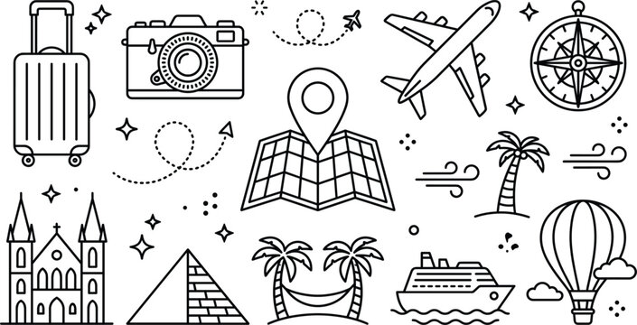 Travel and vacation adventure line art vector icon set with luggage camera map airplane compass ship pyramid balloon