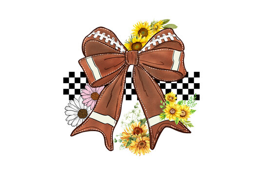  Football themed bow with checkerboard pattern and sunflowers for gameday Sublimation Design
