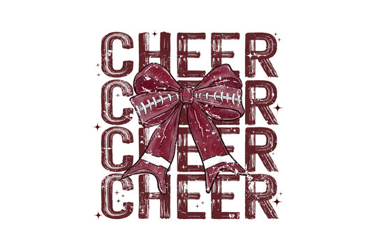  Cheer stacked typography with a maroon football bow for cheerleading Sublimation Design