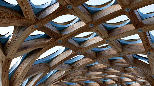 Hyperbolic paraboloid timber gridshell roof structure viewed from below as pure surface study, laminated larch lattice members following principal stress trajectories across the anticlastic form, na